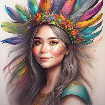 A captivating image of a woman adorned with a vibrant crown of colorful feathers.