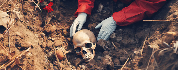Coroner investigating a human skull on the ground. Concept of police, archeology and murder. - obrazy, fototapety, plakaty