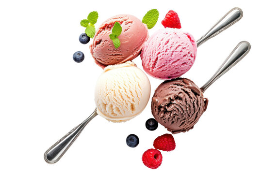 Scoops of colorful ice cream in various flavors isolated on transparent background. top view photo