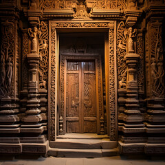 Fototapeta na wymiar Ethnically Embellished Architectural doorway- A 600 Year-Old Tale Carved in Wood and Stone