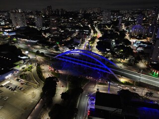 Suspension Bridge At Osasco In Sao Paulo Brazil. Downtown Bridge. Traffic Road. Sao Paulo Brazil....