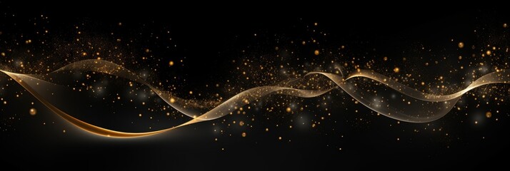 On black background golden lines with particles, banner - obrazy, fototapety, plakaty