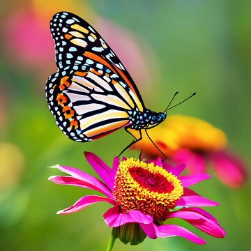 A butterfly on a flower with a blurred background with Ai generated. 