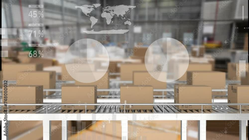 Poster animation of charts and graphs processing data over boxes moving on a warehouse conveyor belt