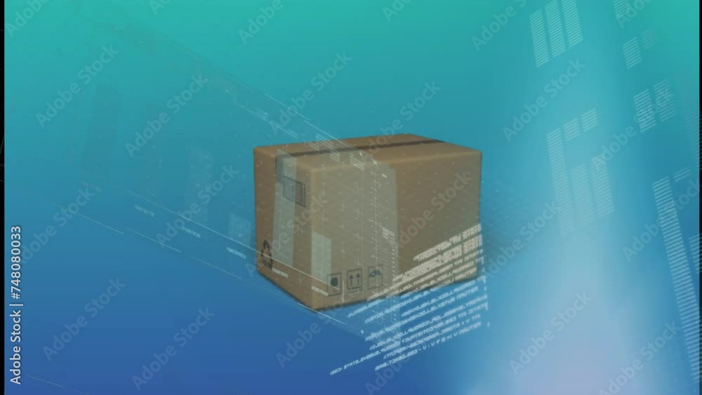 Poster animation of charts and processing data over delivery box falling on blue background