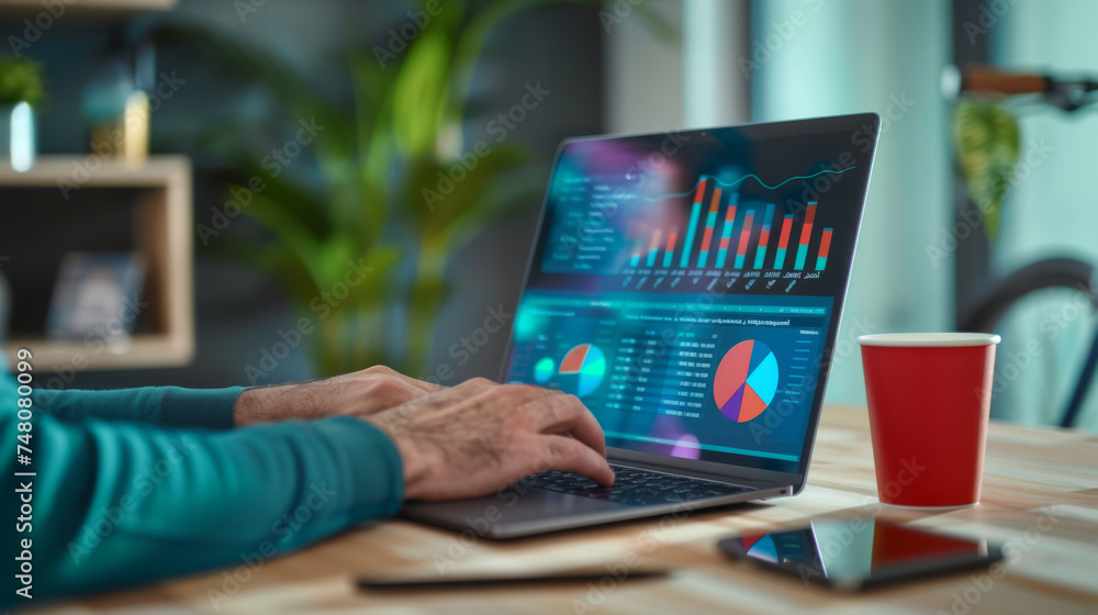 Aufkleber close-up of a person's hand using a laptop with financial charts and graphs displayed on the screen