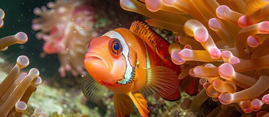 An orange clown fish is nestled within an anemone sea anemone in the kelp forests off the California coast. The clown fish finds shelter and protection among the swaying tentacles of the anemone.