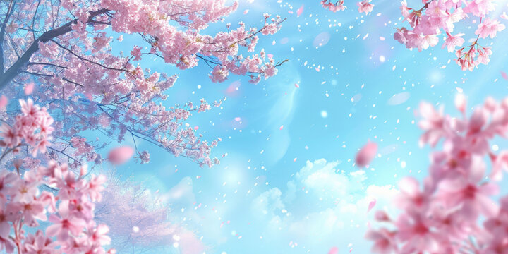 pink blossoms falling from the  sky  on blue sky background,	pink cherry blossoms wallpaper banner, empty space background
