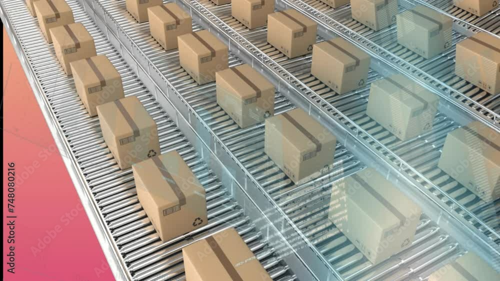 Aufkleber animation of charts and processing data over boxes moving on a warehouse conveyor belts