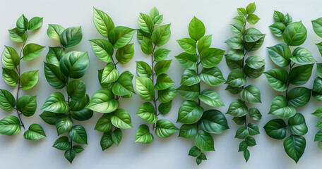 Green trees arranged in lines on a white background. Image generated by AI