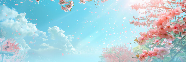 pink blossoms falling from the  sky  on blue sky background,	pink cherry blossoms wallpaper banner, empty space background
 - obrazy, fototapety, plakaty