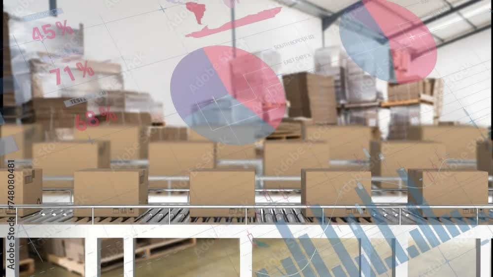 Poster animation of charts and graphs processing data over boxes moving on a warehouse conveyor belts