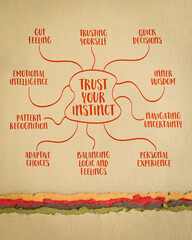 trust your instinct concept - mind map infographics sketch on art paper, decision making and...