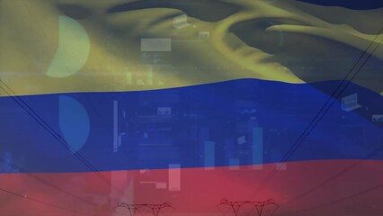Animation of flag of colombia over charts and graphs processing data - Powered by Adobe
