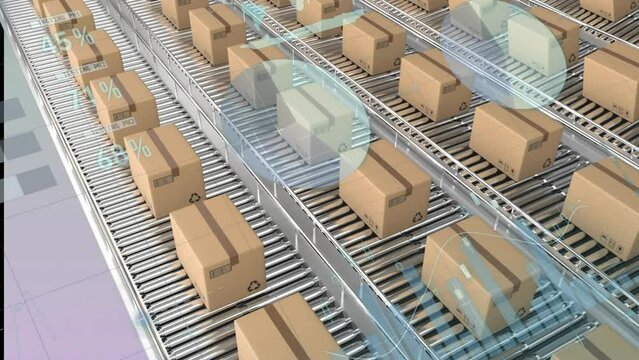 Animation of charts and graphs processing data over boxes moving on a warehouse conveyor belts