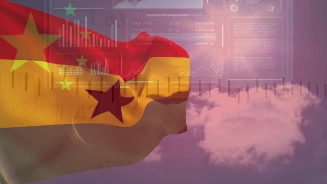 Animation of flags of ghana and china over blue sky and charts processing data