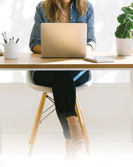 Business woman with laptop working at desk in home office. The concept of comfortable work, online work and business.