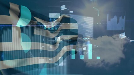 Animation of flag of greece over blue sky and charts processing data - Powered by Adobe
