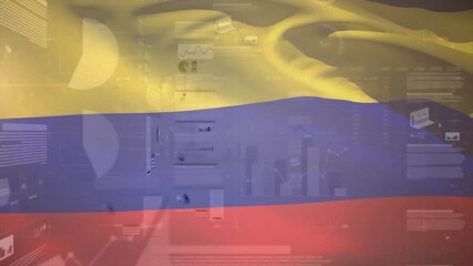 Animation of flag of colombia with interface screens and charts processing data - Powered by Adobe