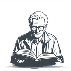 Conceptual Ink Drawing Illustration of an Old Man Reading Book.