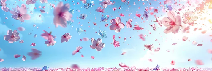 Fototapete Hell-pink pink blossoms falling from the  sky  on blue sky background, pink cherry blossoms wallpaper banner, empty space background 