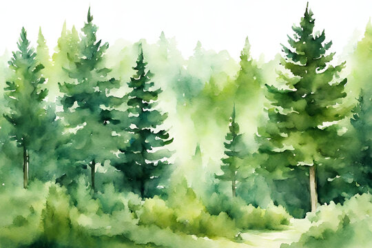 Watercolor painting of green forest woods trees, hand drawn fir and spruce trees, landscape .background
