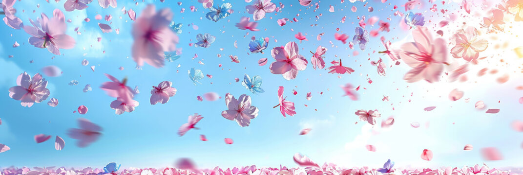 pink blossoms falling from the  sky  on blue sky background,	pink cherry blossoms wallpaper banner, empty space background
