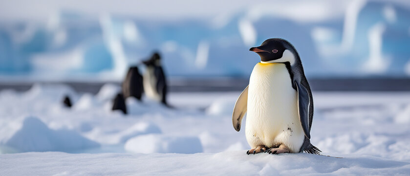 a image of a penguin, blur nature background, with empty copy space