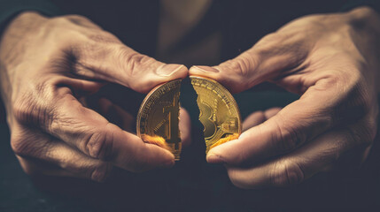 Hands breaking a Bitcoin in two, symbolizing cryptocurrency volatility or division or halving.