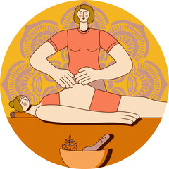 Massage for pregnant woman by professional therapist in spa. Isolated flat vector illustration in circle shape.