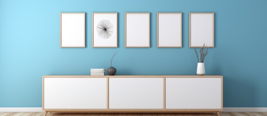 A modern living room featuring blue walls and a white cabinet. The room is tastefully decorated with empty picture frames, creating a stylish and inviting atmosphere.