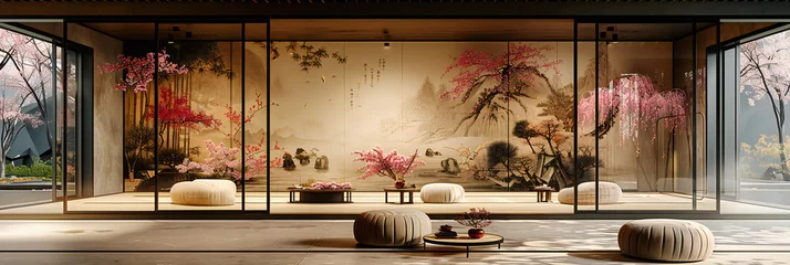 Foto op Plexiglas Traditional Japanese Interior, Elegant Room with Wood Accents, Cultural Style and Comfort © NURA ALAM