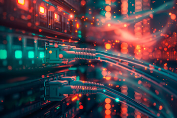Modern server Internet networks. Close-up photo of a high-tech data center - obrazy, fototapety, plakaty