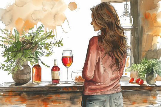 Girl with wine. Concept: prohibition and addiction to alcohol and dependence, harm to health