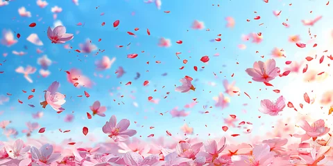 Fotobehang pink blossoms falling from the  sky  on blue sky background, pink cherry blossoms wallpaper banner, empty space background  © Planetz