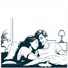 Conceptual Ink Drawing Illustration of Happy young Couple Sleeping and Getting Closer