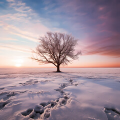 A lone tree in a snowy field at sunset.