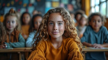 Multi ethnic children seated at their desks with a Caucasian female teacher during a lesson. Primary education and social distancing during the Covid19 Coronavirus pandemic.