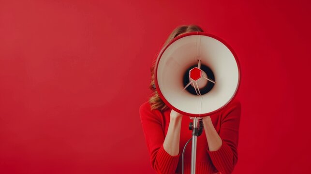A stylish Malay woman, holding a loudspeaker and announcing the final sales and discounts day, Black Friday, urging viewers to hurry up. Generative AI technology