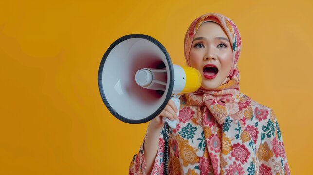 A stylish Malay woman, holding a loudspeaker and announcing the final sales and discounts day, Black Friday, urging viewers to hurry up. Generative AI technology