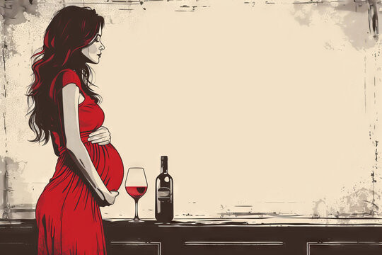 Illustration of a pregnant woman with a glass of wine. Concept: a girl expecting a child, prohibition of alcoholism and addiction, harm to health
