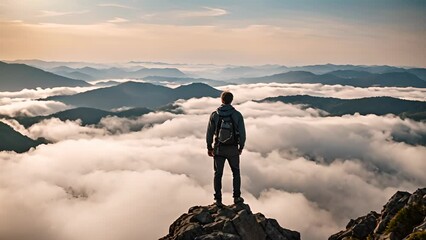 A man stands on the top of a mountain