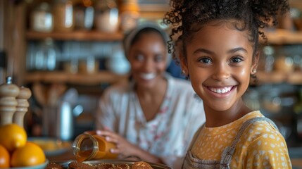 A young African American girl pouring sauce on pancakes in the kitchen of her home while her mother laughs, with her father in the background cooking in the background.