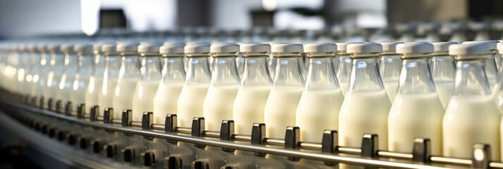 Row of milk-filled bottles moving along a conveyor belt at a dairy plant