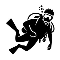 Fototapeta premium Silhouette scuba diver. Black and white vector illustration, underwater scuba diving icon, generative ai