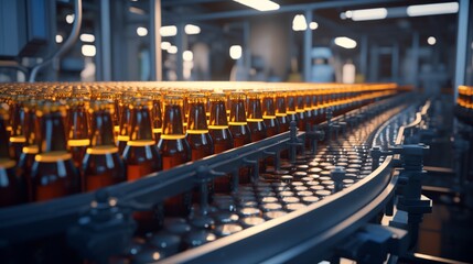 Fototapeta premium A factory with a beer bottling production line filled with countless bottles of beer