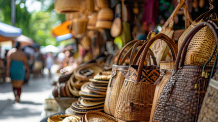 A crowded outdoor market where vendors proudly display their artisanal accessories made from sustainable materials like bamboo and cork. Customers browse the selection of