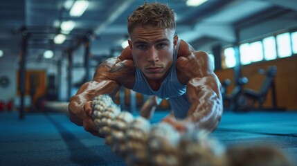 An athlete doing rope exercises in the gym - obrazy, fototapety, plakaty