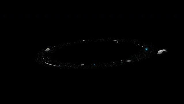 Rotating ring of stars with flying asteroids, isolated on a black background. 4K slow motion 3D loop animation.