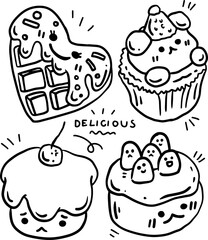 hand drawn cute desserts and text for templates.